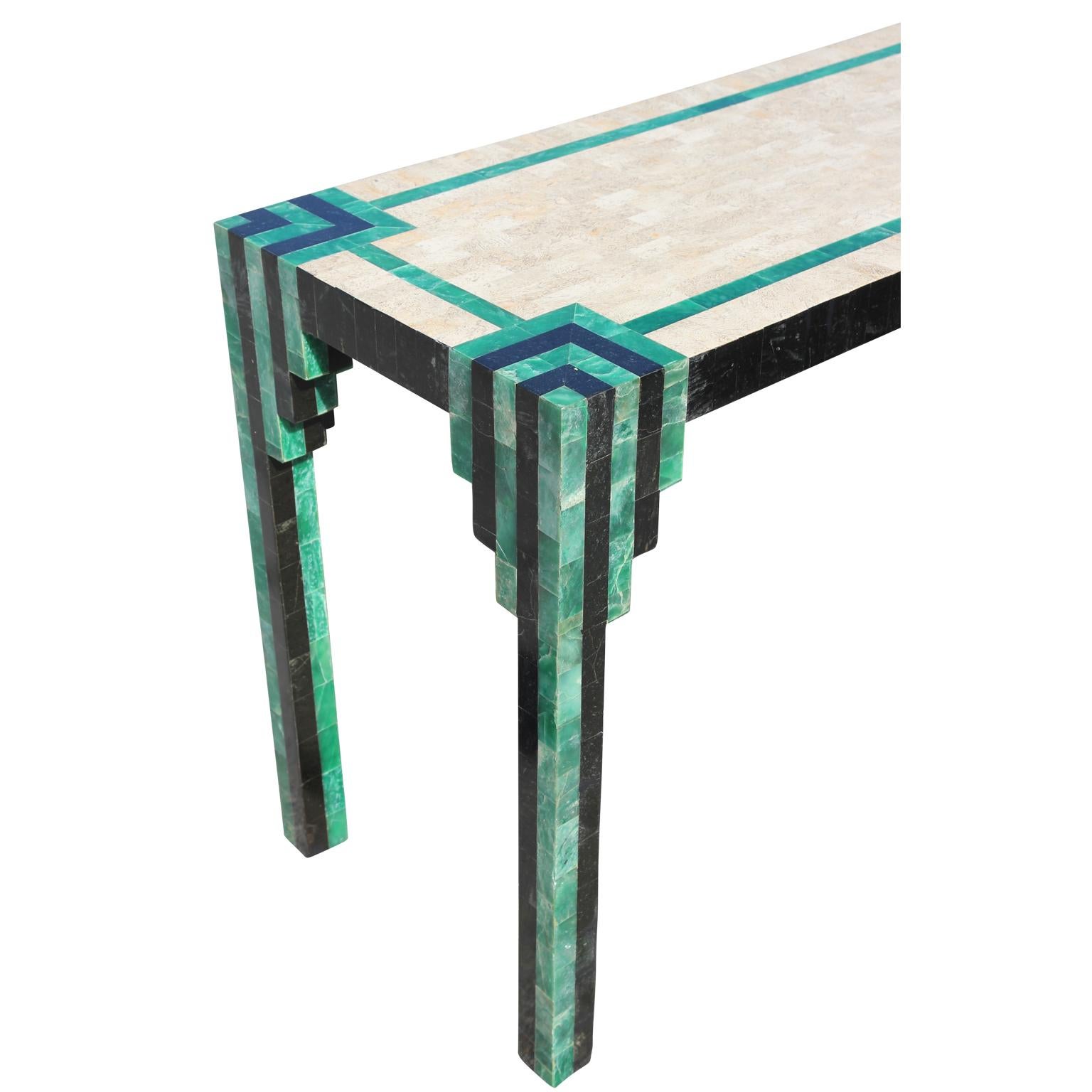 Geometric Deco Modern Tessellated Green / Black Console Table Karl Springer In Good Condition In Houston, TX