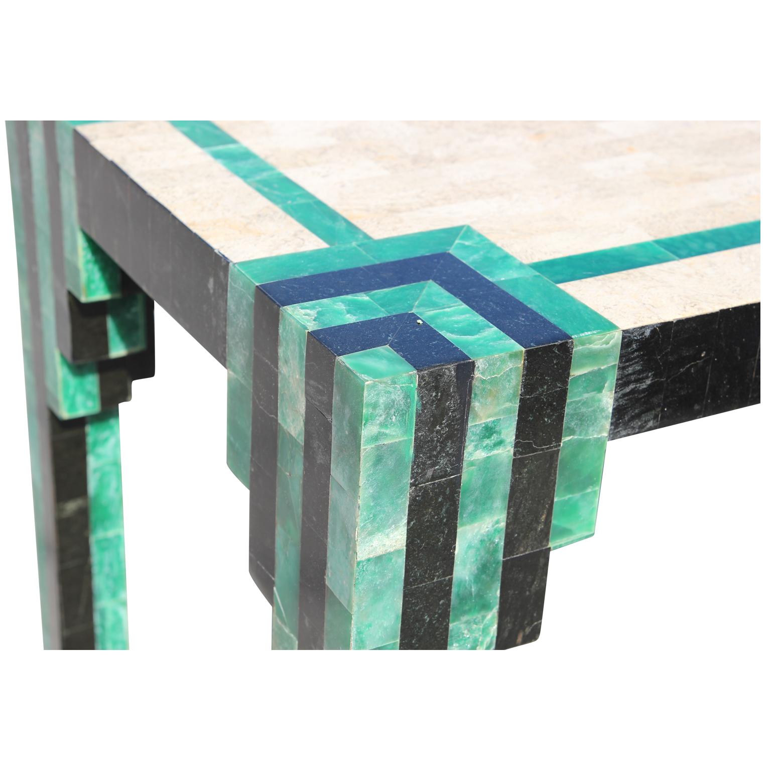 Late 20th Century Geometric Deco Modern Tessellated Green / Black Console Table Karl Springer
