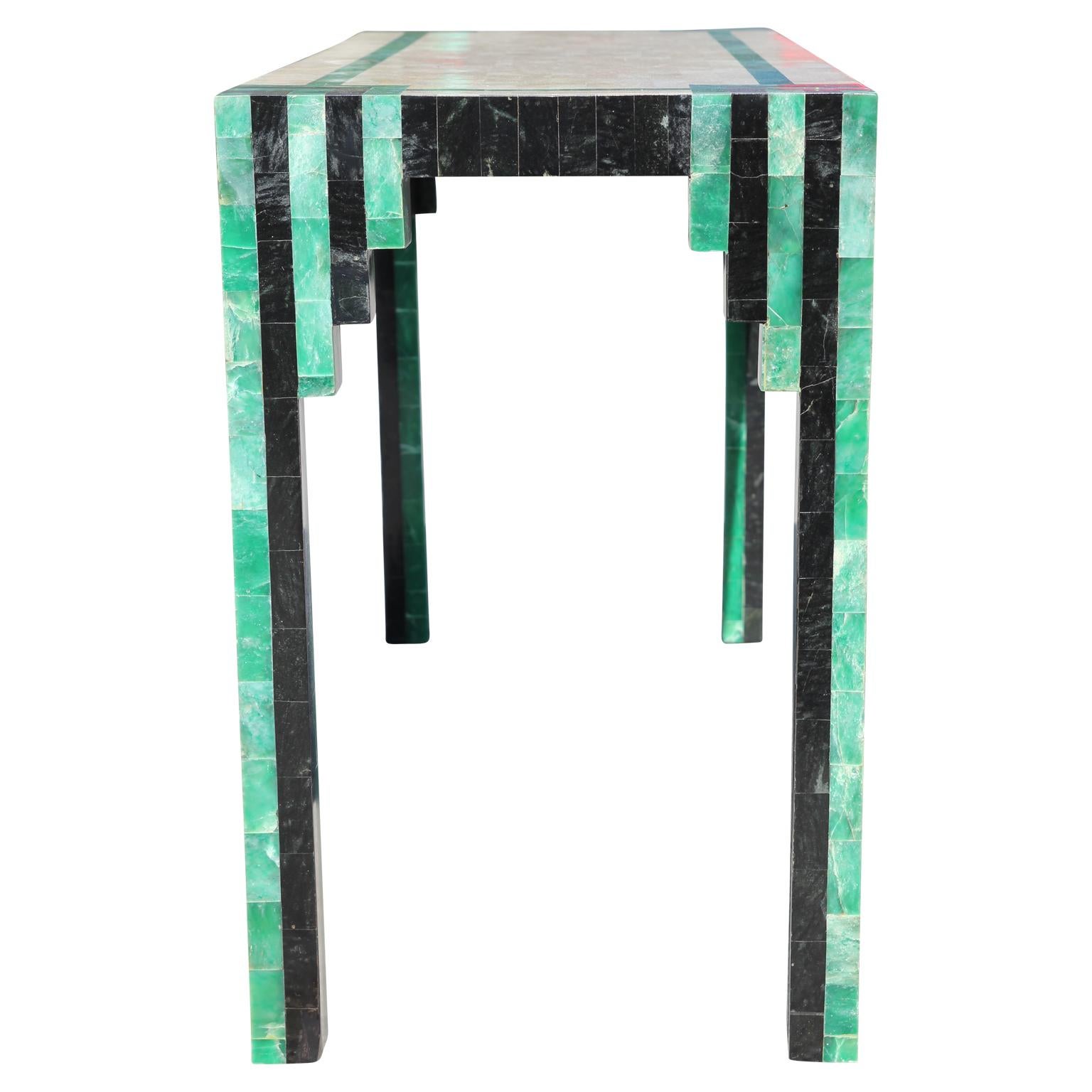 Geometric Deco Modern Tessellated Green / Black Console Table Karl Springer 1