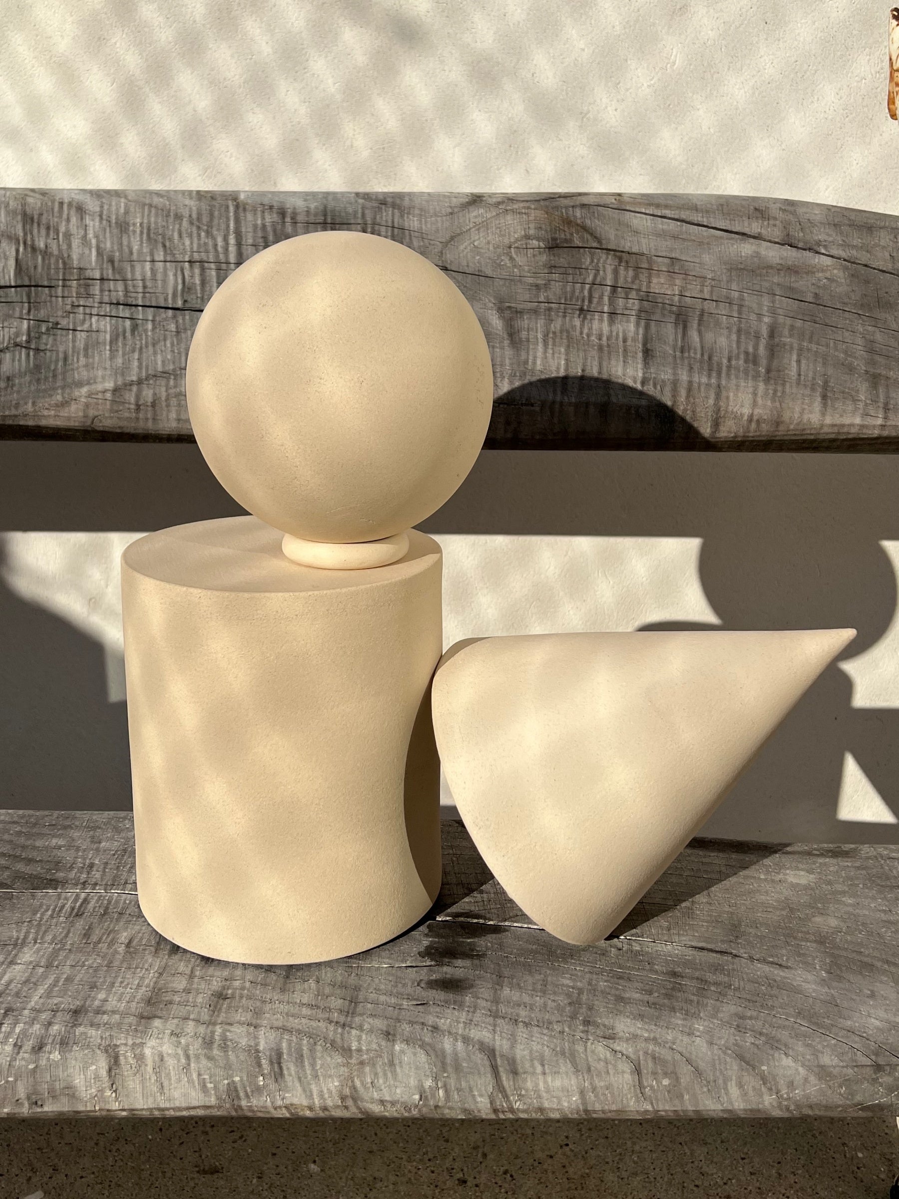 Glazed Geometric Decoration Set Ceramic, White Porcelain, Sculptural Object 'Cubism'