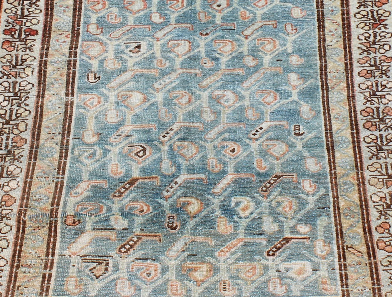 Geometric Design Antique Persian Malayer Runner with Blue Background For Sale 5