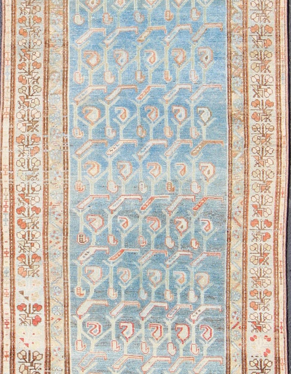 Hand-Knotted Geometric Design Antique Persian Malayer Runner with Blue Background For Sale