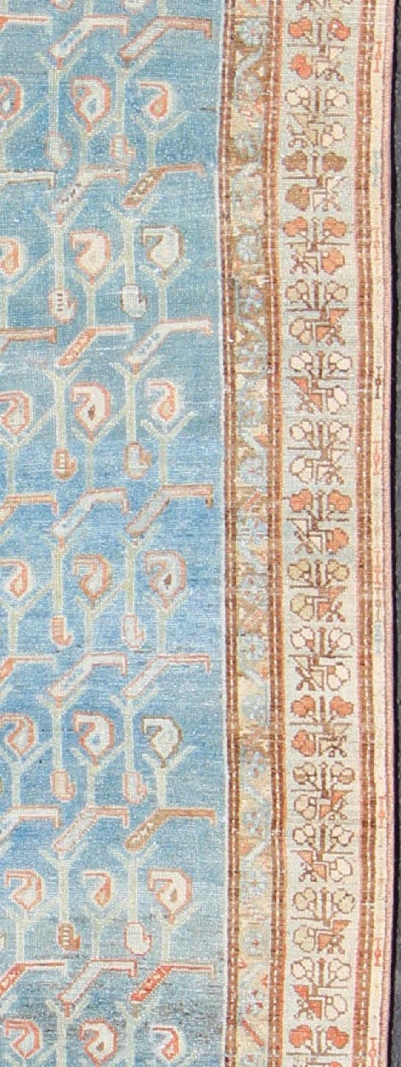 Geometric Design Antique Persian Malayer Runner with Blue Background In Excellent Condition For Sale In Atlanta, GA