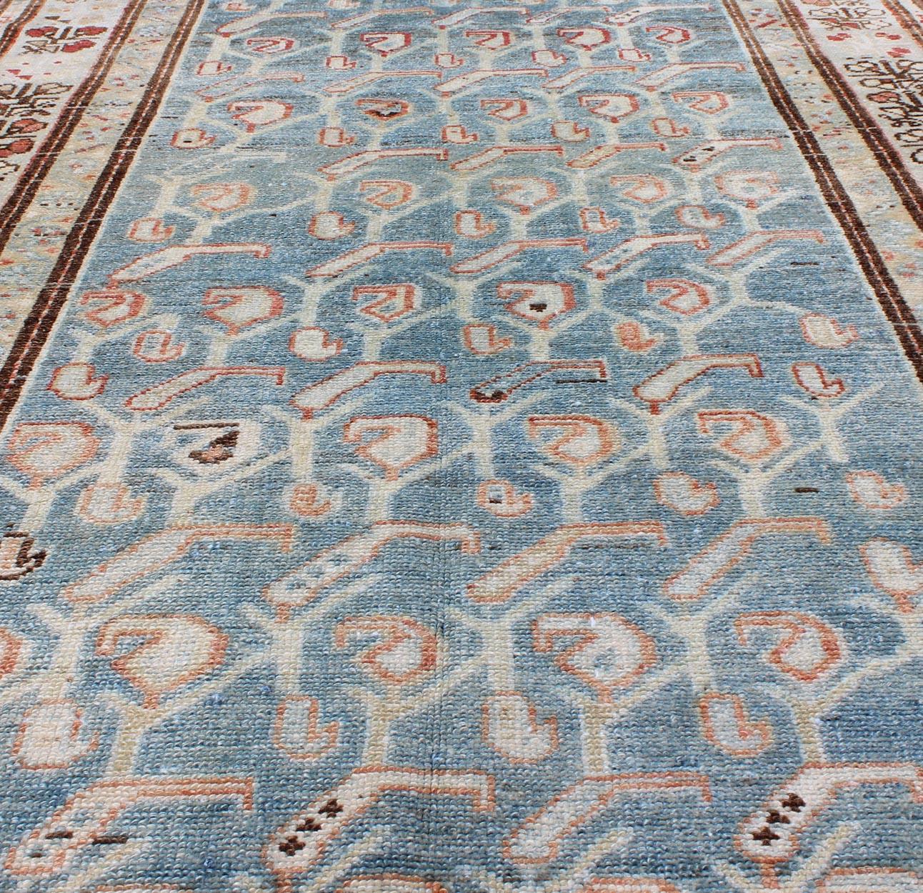 Wool Geometric Design Antique Persian Malayer Runner with Blue Background For Sale