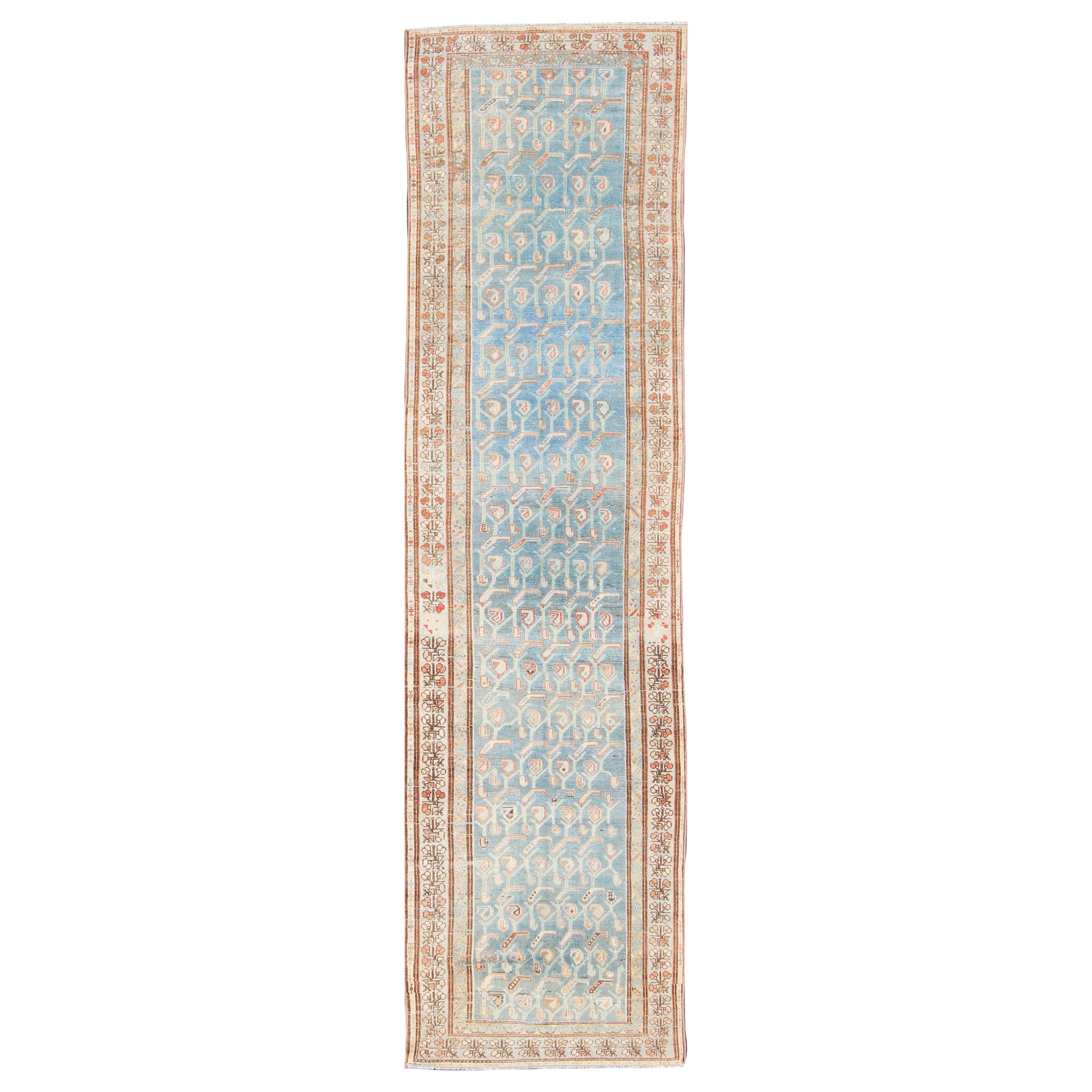 Geometric Design Antique Persian Malayer Runner with Blue Background For Sale