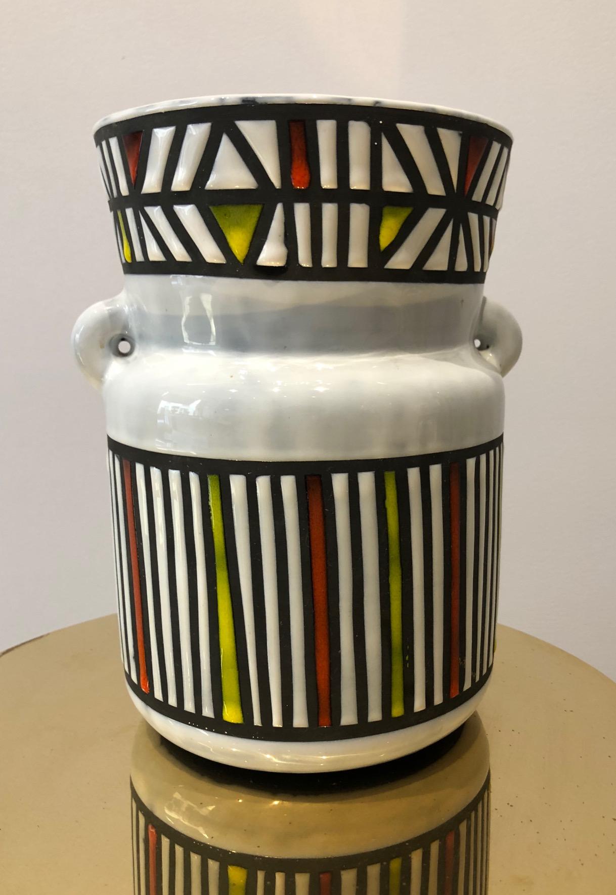 Unusual geometric design vase with handles, on thick white enamel, signed Capron Vallauris . Nice condition