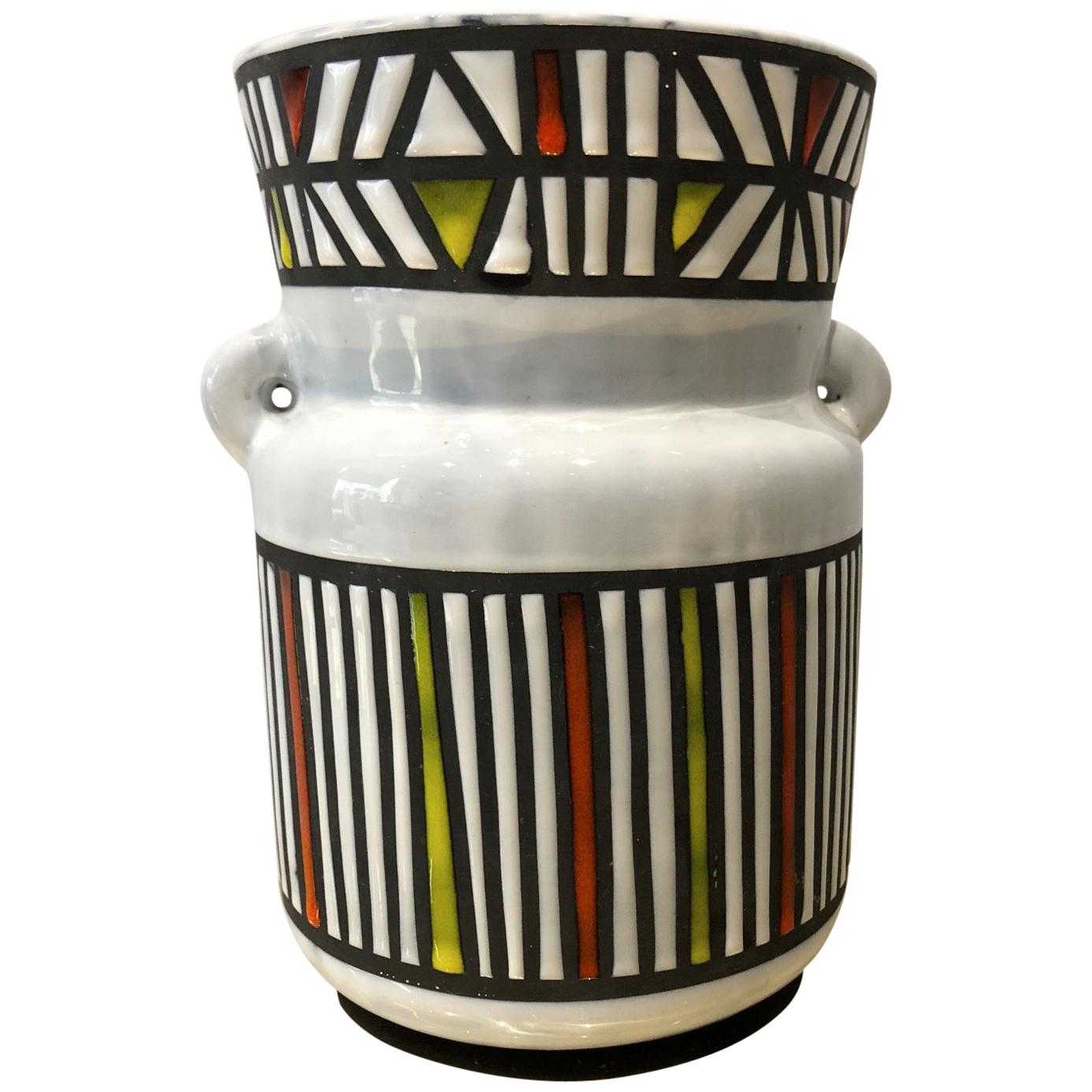 Geometric Design Ceramic Vase Signed Roger Capron Vallauris, 1950s