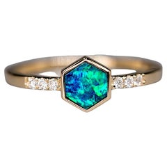 Geometric Design Hexagon Australian Doublet Opal & Diamond Ring 14K Yellow Gold