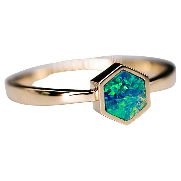 Geometric Design Hexagon Shaped Australian Doublet Opal Ring 14K Yellow Gold For Sale