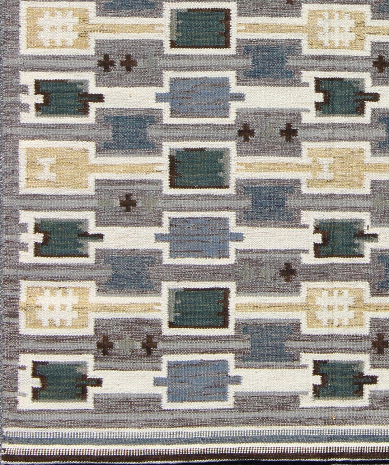 Scandinavian Modern Geometric Design Scandinavian Flat-Weave Design with in Green, Gray, Lt. Yellow For Sale