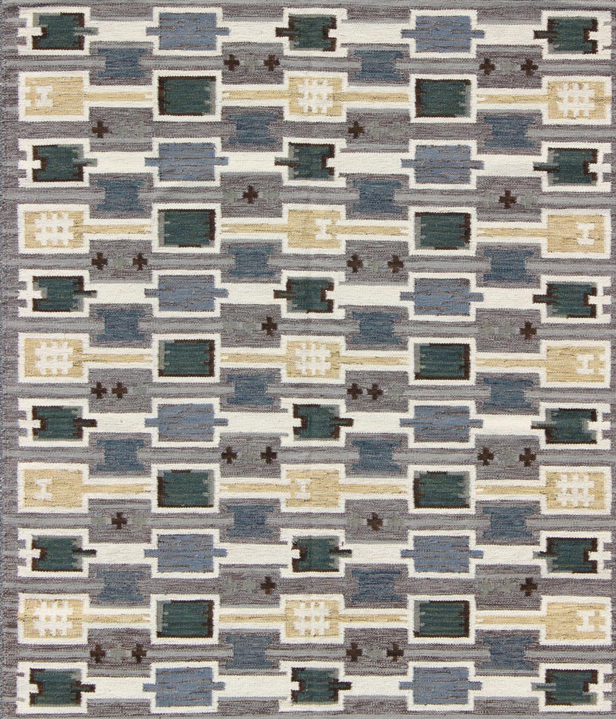 Indian Geometric Design Scandinavian Flat-Weave Design with in Green, Gray, Lt. Yellow For Sale