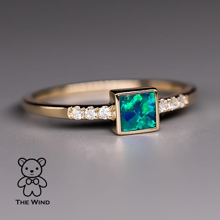 Geometric Design Square Australian Doublet Opal & Diamond Ring 14K Yellow Gold In New Condition For Sale In Suwanee, GA