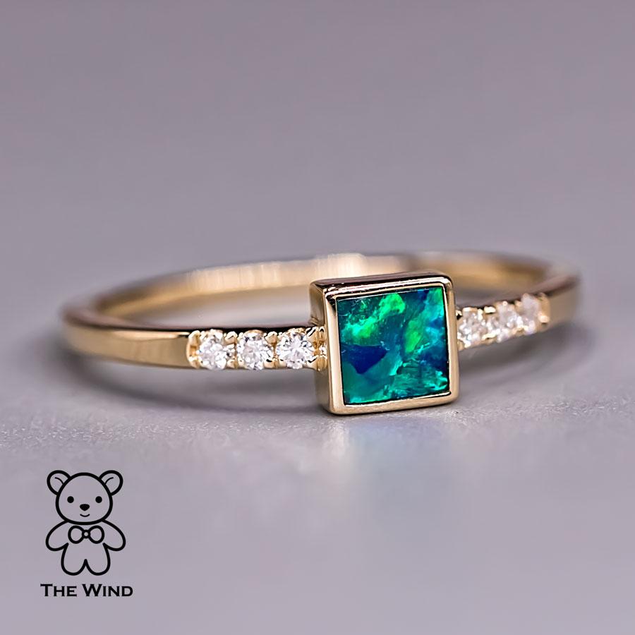 Women's or Men's Geometric Design Square Australian Doublet Opal & Diamond Ring 14K Yellow Gold For Sale