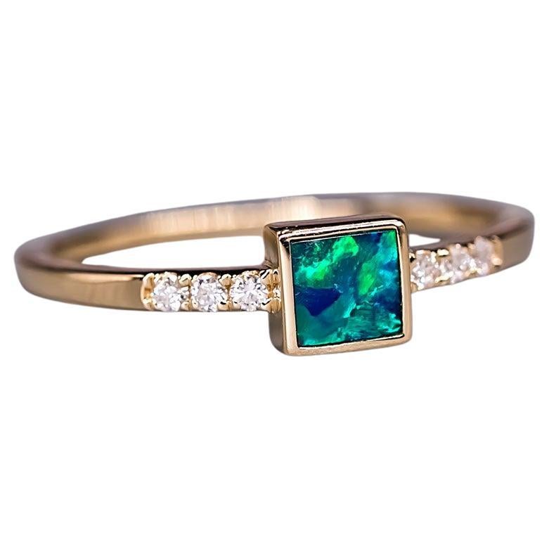 Geometric Design Square Australian Doublet Opal & Diamond Ring 14K Yellow Gold For Sale
