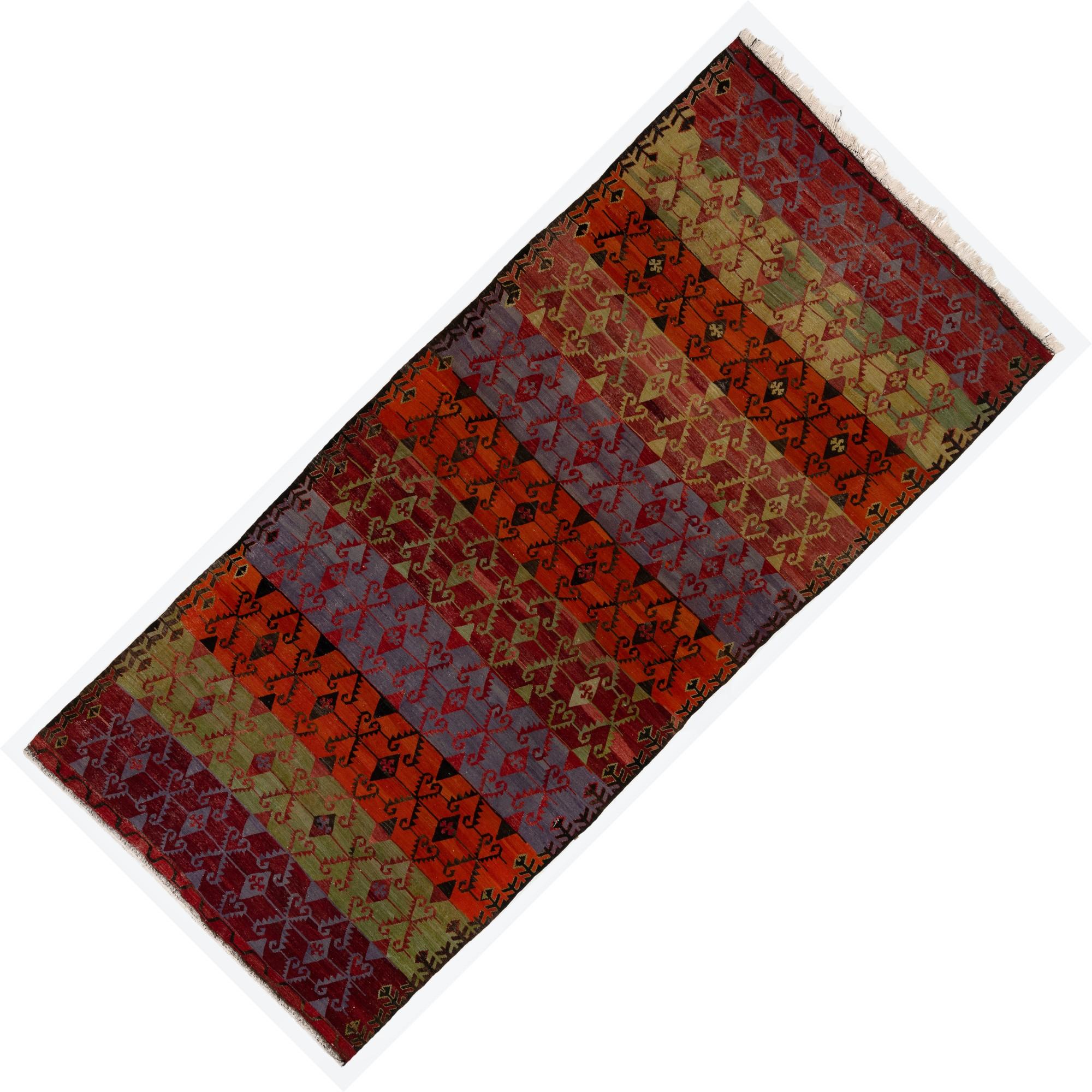 Tapis de couloir Kilim turc vintage tissé à la main à motif géométrique motif « Flat-Weave » ( tissage à la feuille) de 6' x 13' Bon état - En vente à Philadelphia, PA