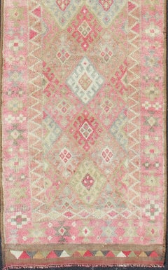 Geometric Kurdish Design Vintage Runner from Turkey in Pink, Red & Green Colors