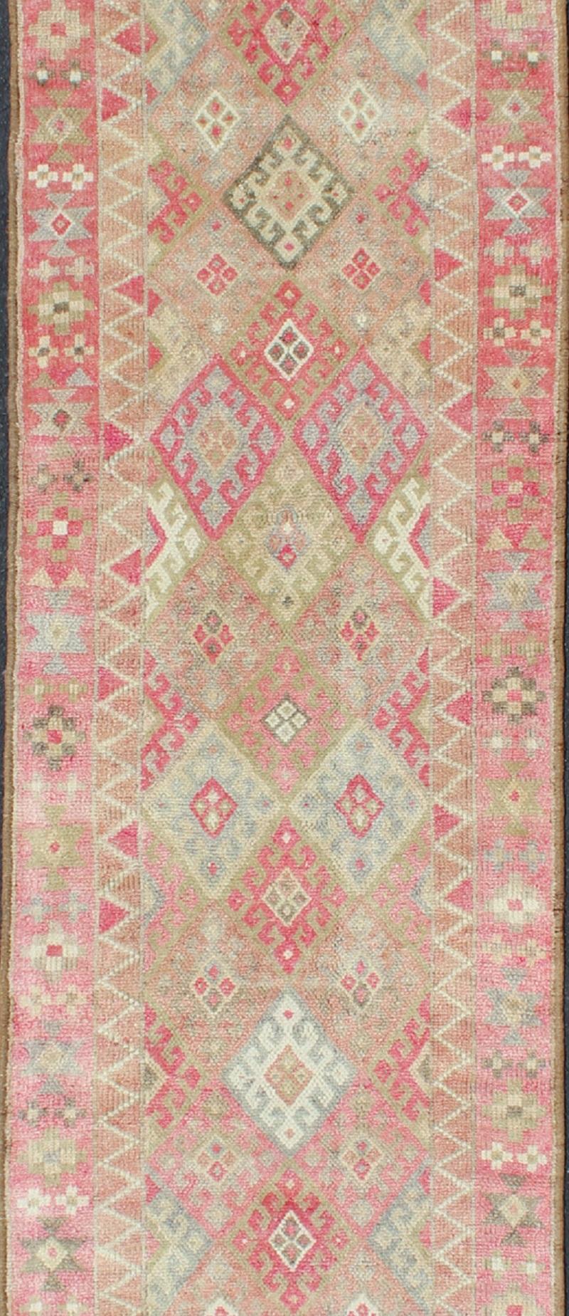 Tribal Geometric Kurdish Design Vintage Runner from Turkey in Pink, Red & Green Colors For Sale