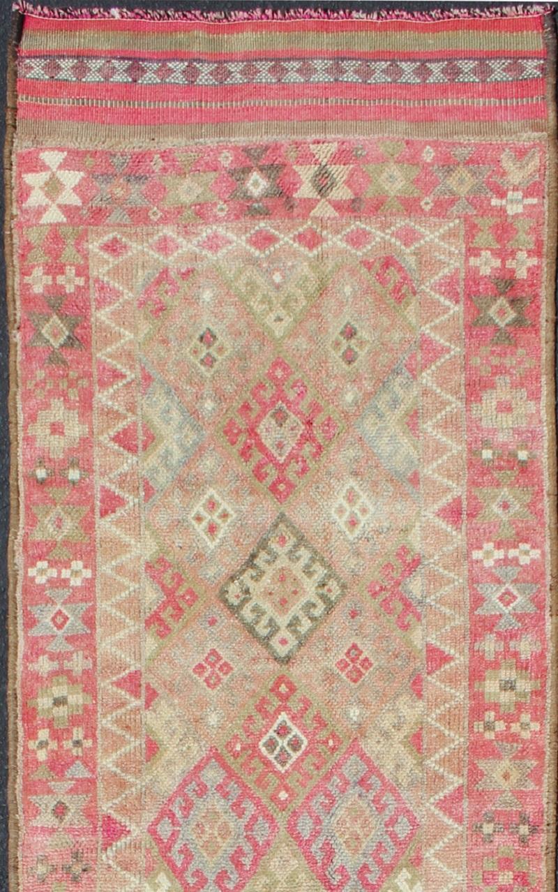 Turkish Geometric Kurdish Design Vintage Runner from Turkey in Pink, Red & Green Colors For Sale