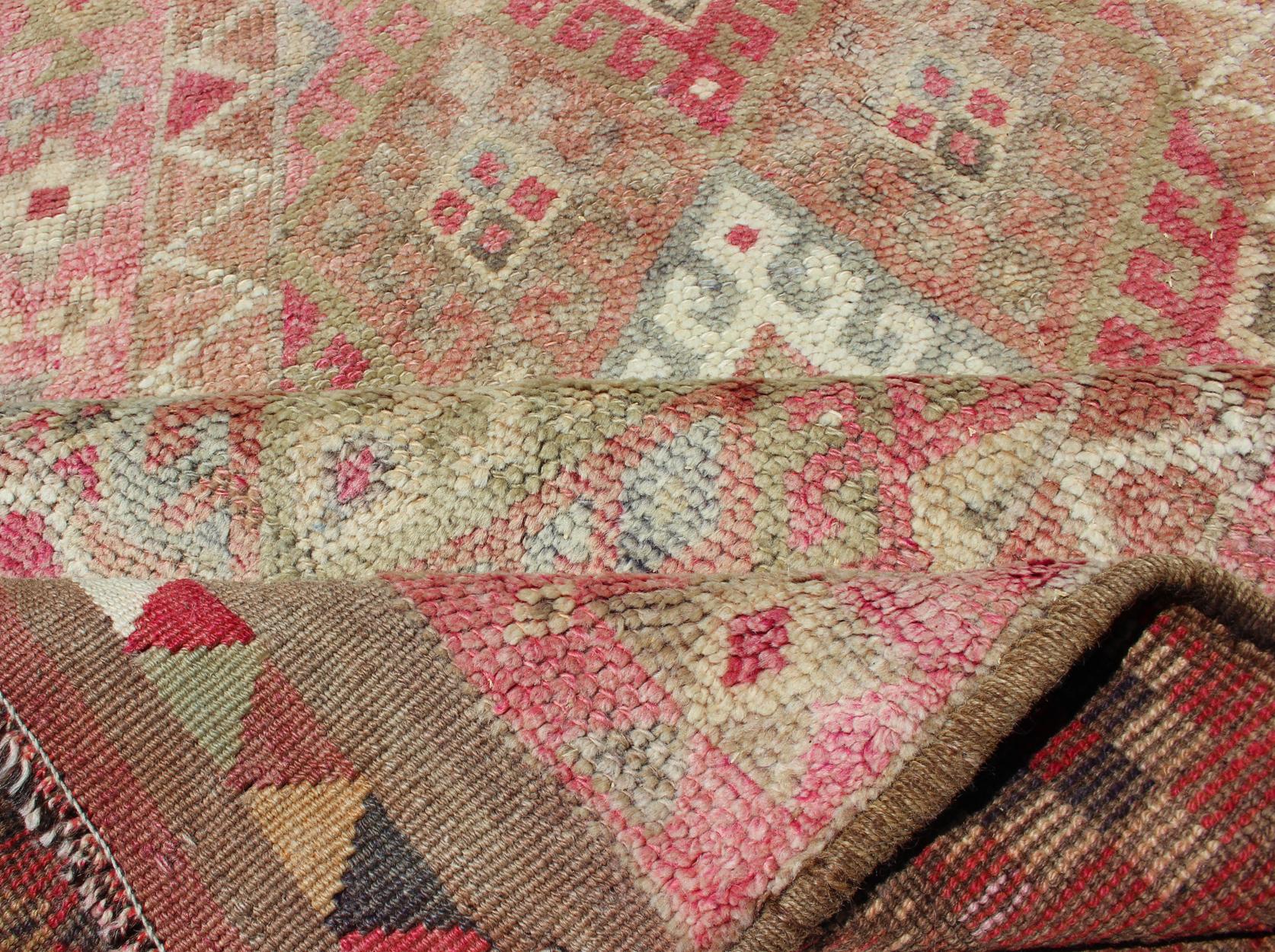 Hand-Knotted Geometric Kurdish Design Vintage Runner from Turkey in Pink, Red & Green Colors For Sale
