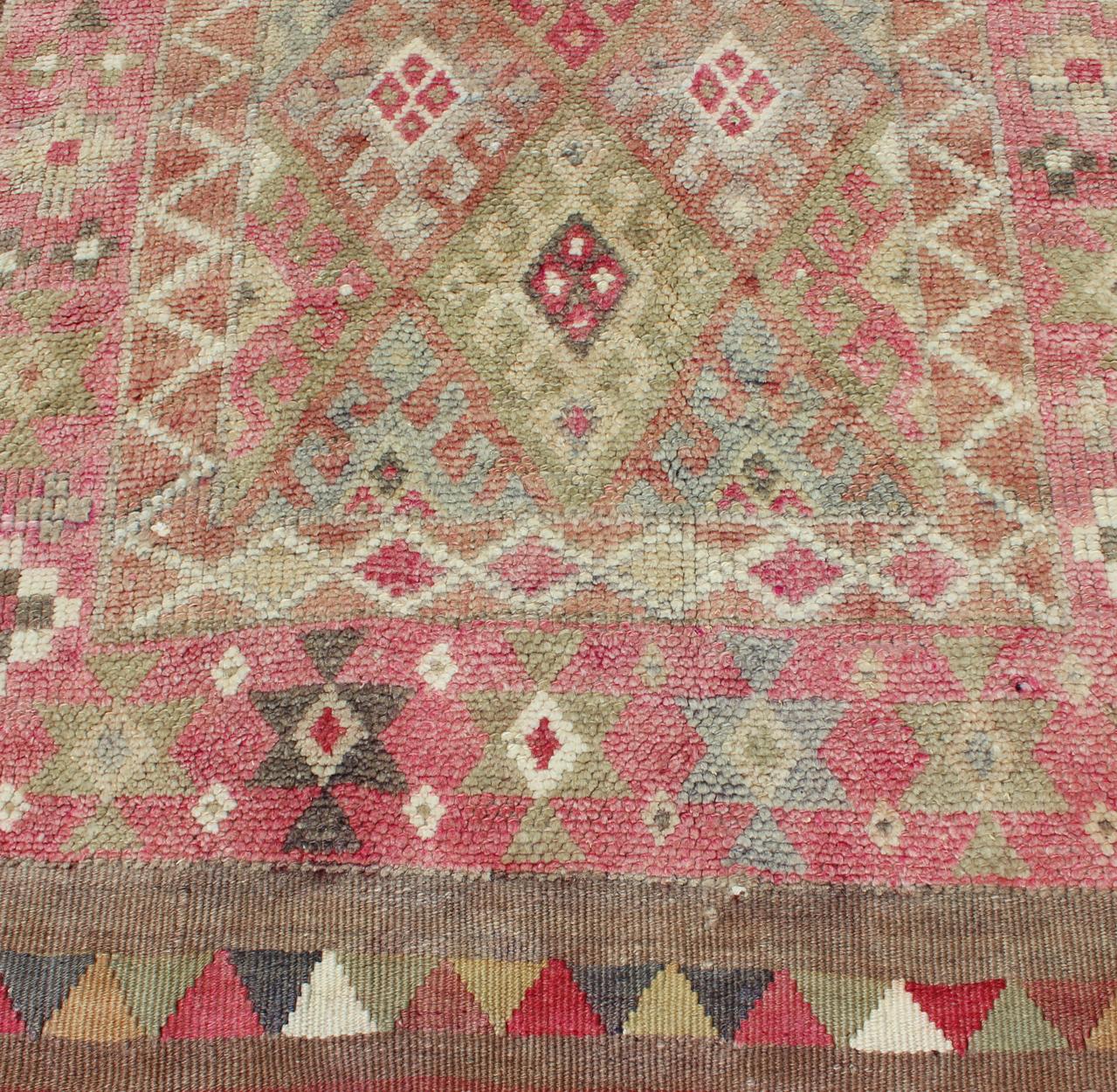 Geometric Kurdish Design Vintage Runner from Turkey in Pink, Red & Green Colors In Excellent Condition For Sale In Atlanta, GA