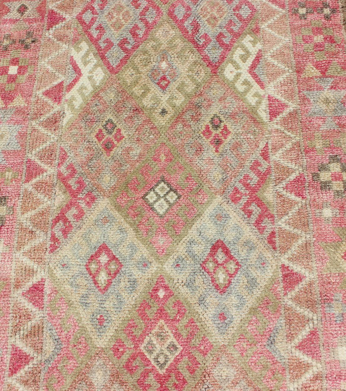 Mid-20th Century Geometric Kurdish Design Vintage Runner from Turkey in Pink, Red & Green Colors For Sale