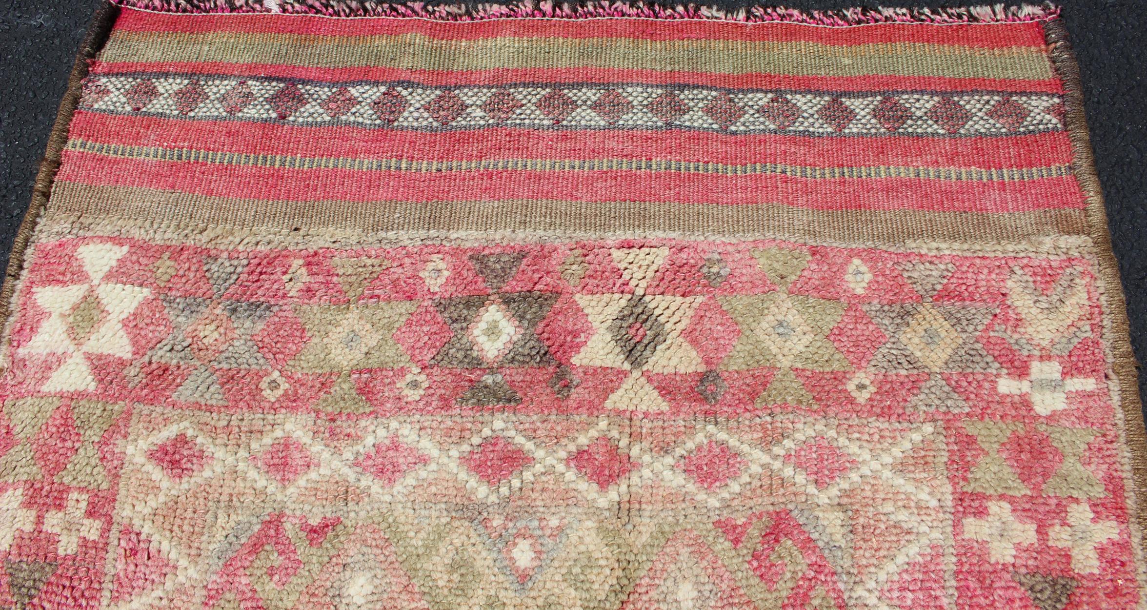 Wool Geometric Kurdish Design Vintage Runner from Turkey in Pink, Red & Green Colors For Sale