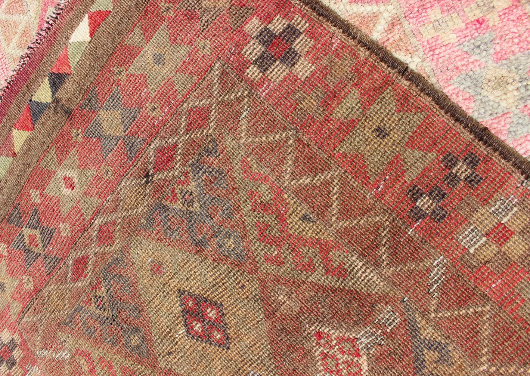 Geometric Kurdish Design Vintage Runner from Turkey in Pink, Red & Green Colors For Sale 1