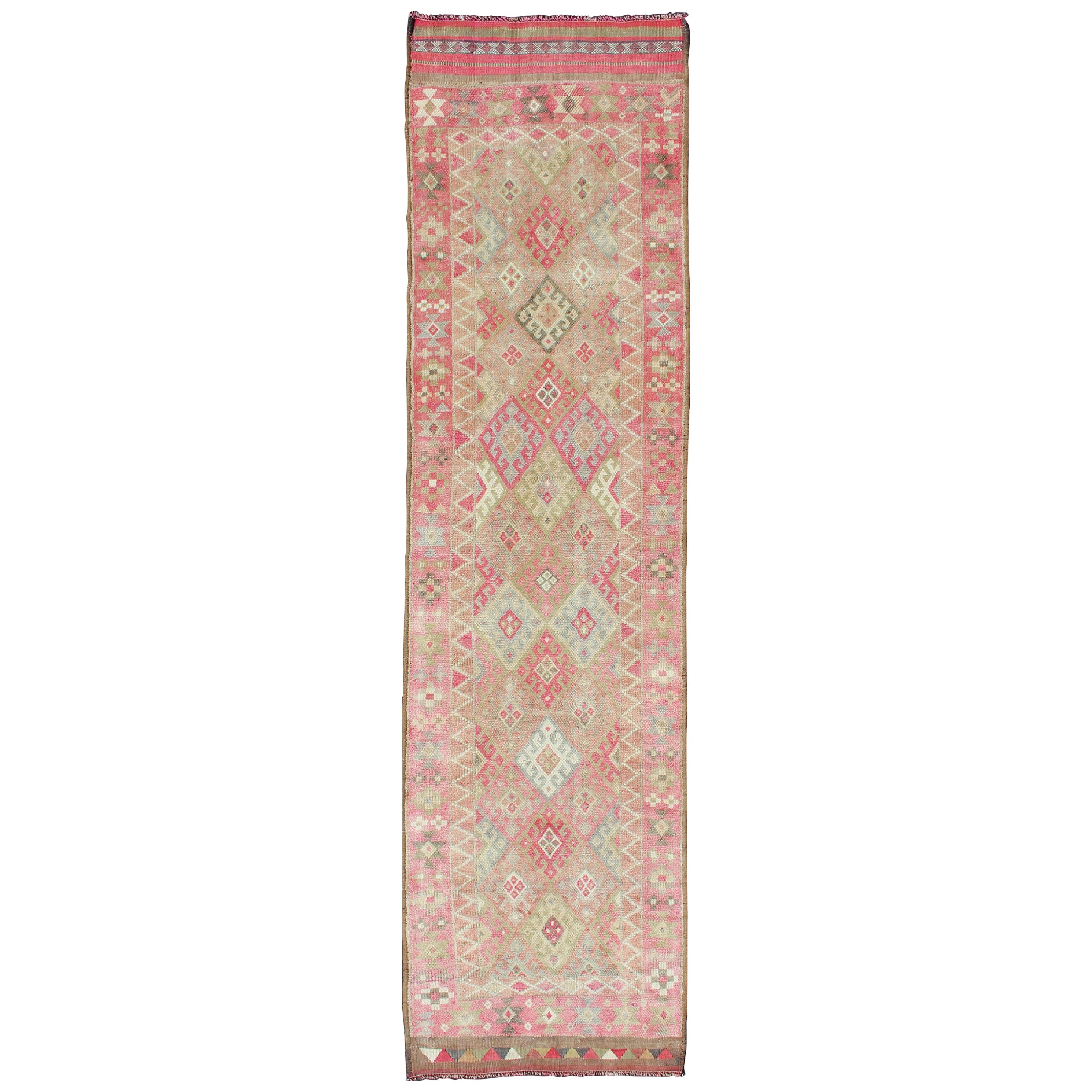 Geometric Kurdish Design Vintage Runner from Turkey in Pink, Red & Green Colors