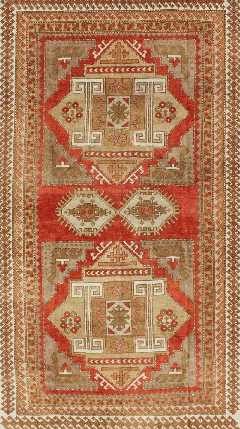 Hand-Knotted Geometric Design Vintage Turkish Oushak Rug in Beautiful Soft Red and Green For Sale