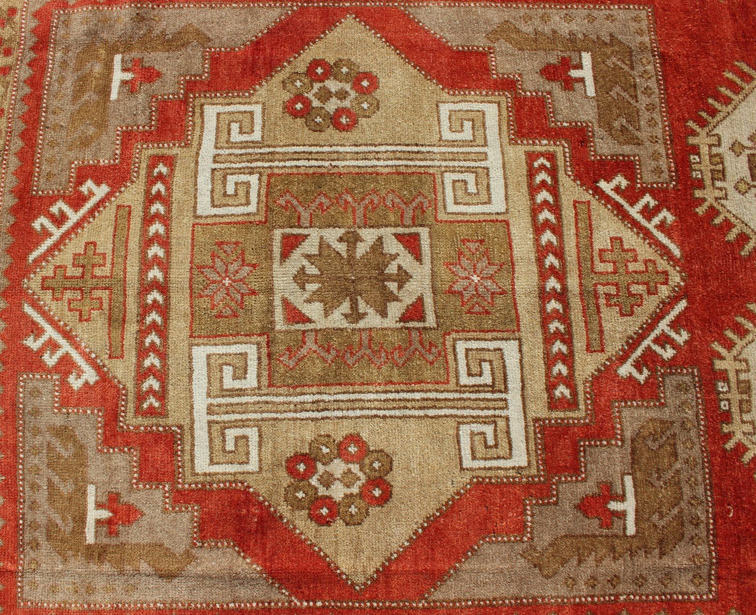 Wool Geometric Design Vintage Turkish Oushak Rug in Beautiful Soft Red and Green For Sale