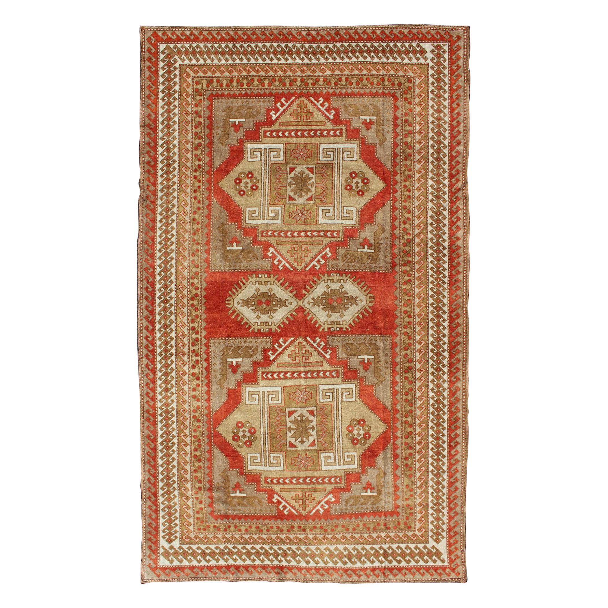 Geometric Design Vintage Turkish Oushak Rug in Beautiful Soft Red and Green