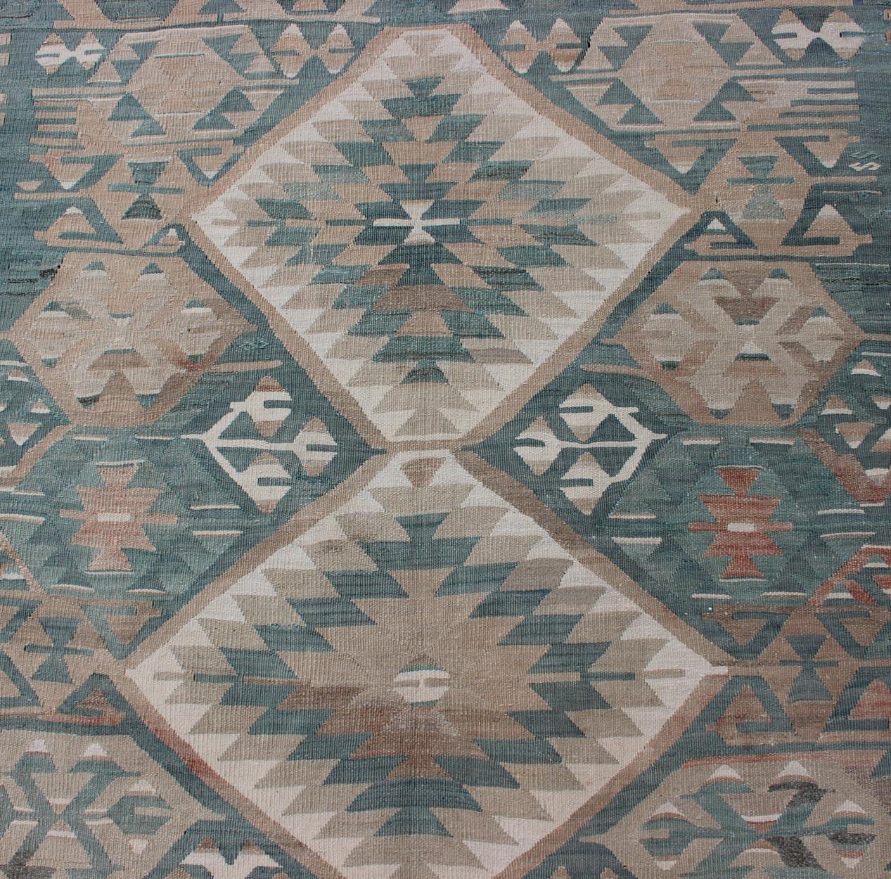 Geometric Design Vintage Turkish Tribal Flat-Weave Rug in Teal and Neutrals For Sale 3