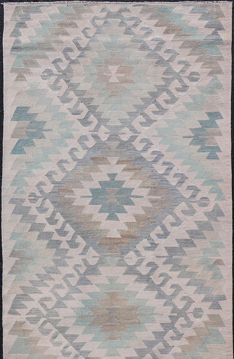 Geometric Design Vintage Turkish Tribal Flat-Weave Rug in Teal and Neutrals 3