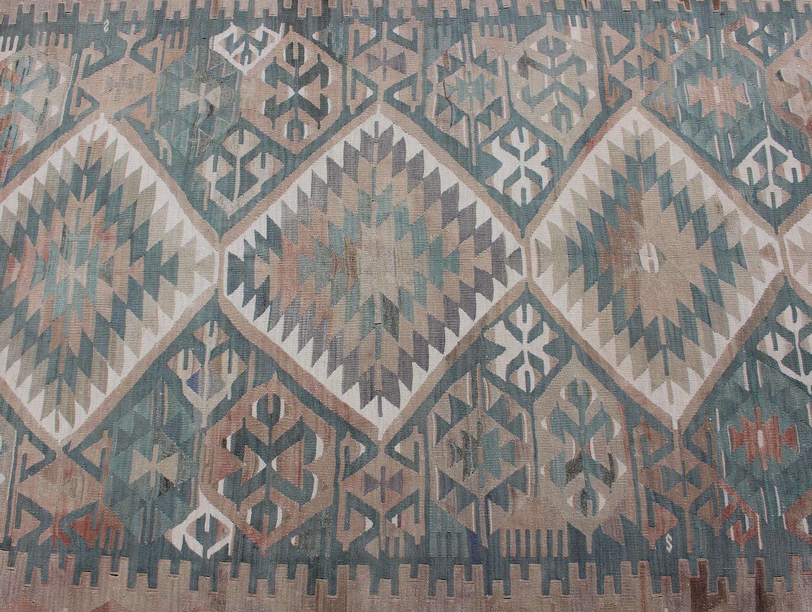 Geometric Design Vintage Turkish Tribal Flat-Weave Rug in Teal and Neutrals For Sale 4