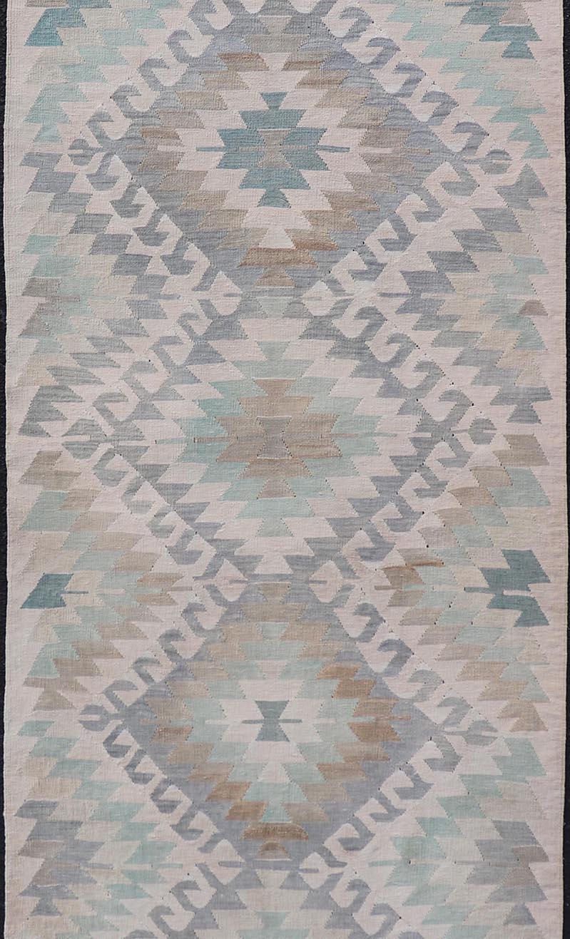 Geometric Design Vintage Turkish Tribal Flat-Weave Rug in Teal and Neutrals 4
