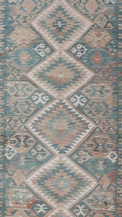 Vintage Turkish Kilim Rug in Soft Blue, Beige, and Muted Coral Geometric Design