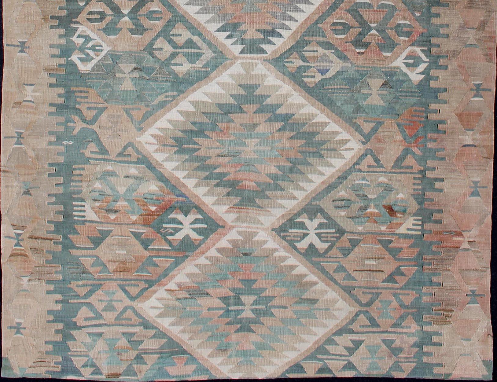Kilim Geometric Design Vintage Turkish Tribal Flat-Weave Rug in Teal and Neutrals For Sale