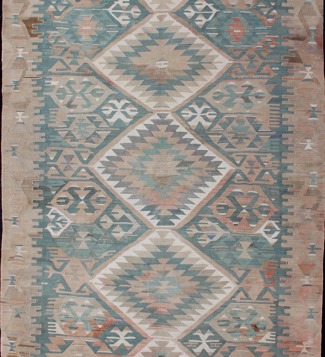 Hand-Woven Geometric Design Vintage Turkish Tribal Flat-Weave Rug in Teal and Neutrals For Sale