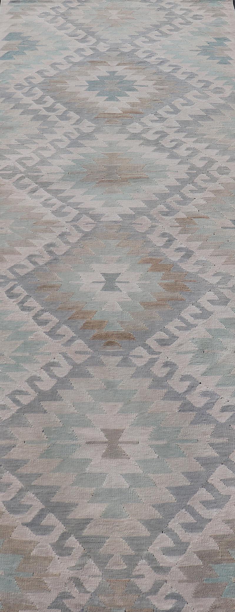 Geometric Design Vintage Turkish Tribal Flat-Weave Rug in Teal and Neutrals In Good Condition In Atlanta, GA