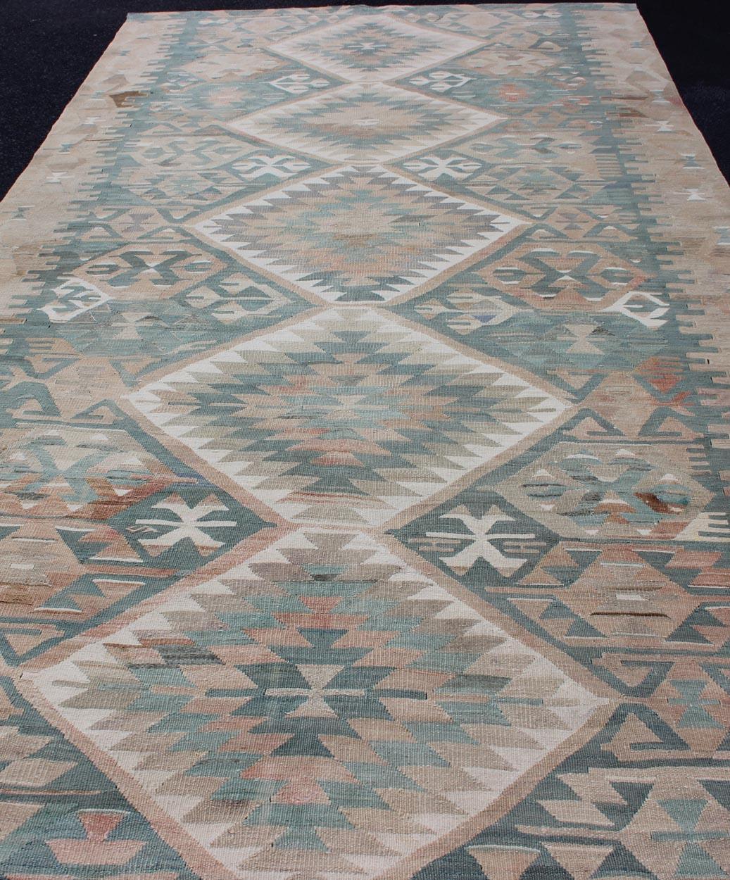 20th Century Geometric Design Vintage Turkish Tribal Flat-Weave Rug in Teal and Neutrals For Sale