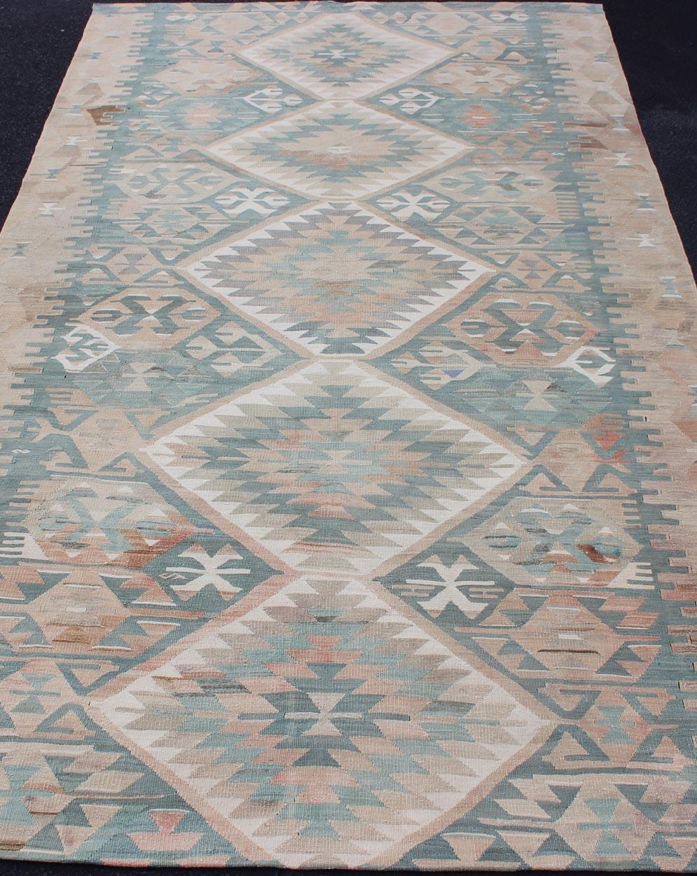 Wool Geometric Design Vintage Turkish Tribal Flat-Weave Rug in Teal and Neutrals For Sale