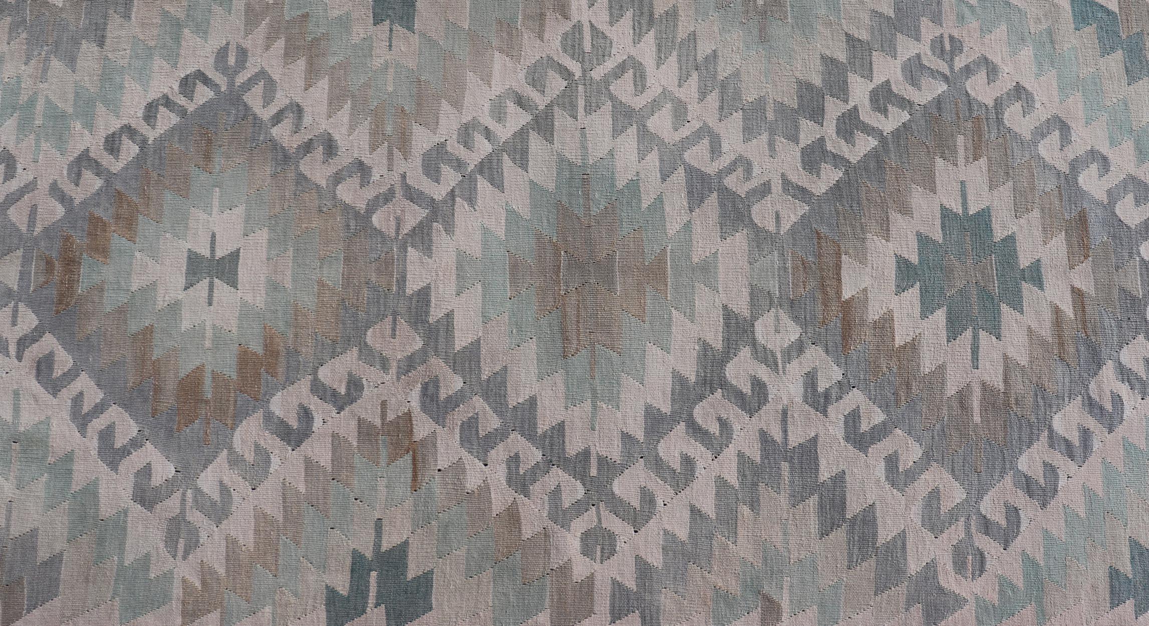 Wool Geometric Design Vintage Turkish Tribal Flat-Weave Rug in Teal and Neutrals