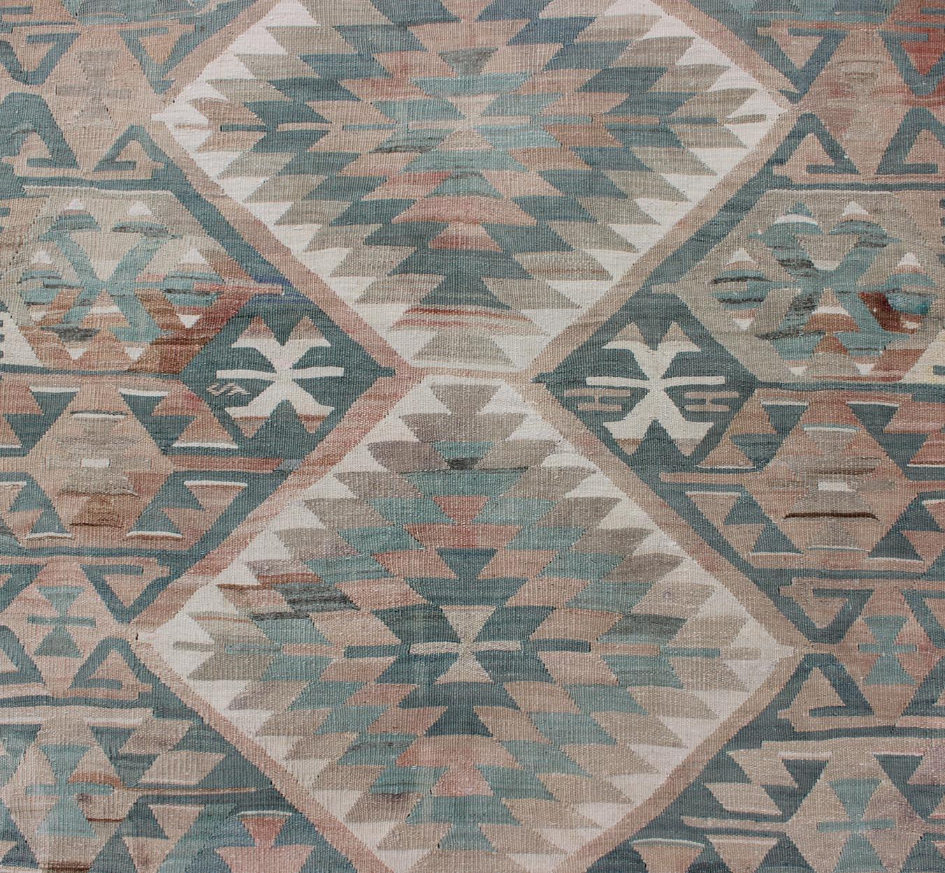 Geometric Design Vintage Turkish Tribal Flat-Weave Rug in Teal and Neutrals For Sale 1