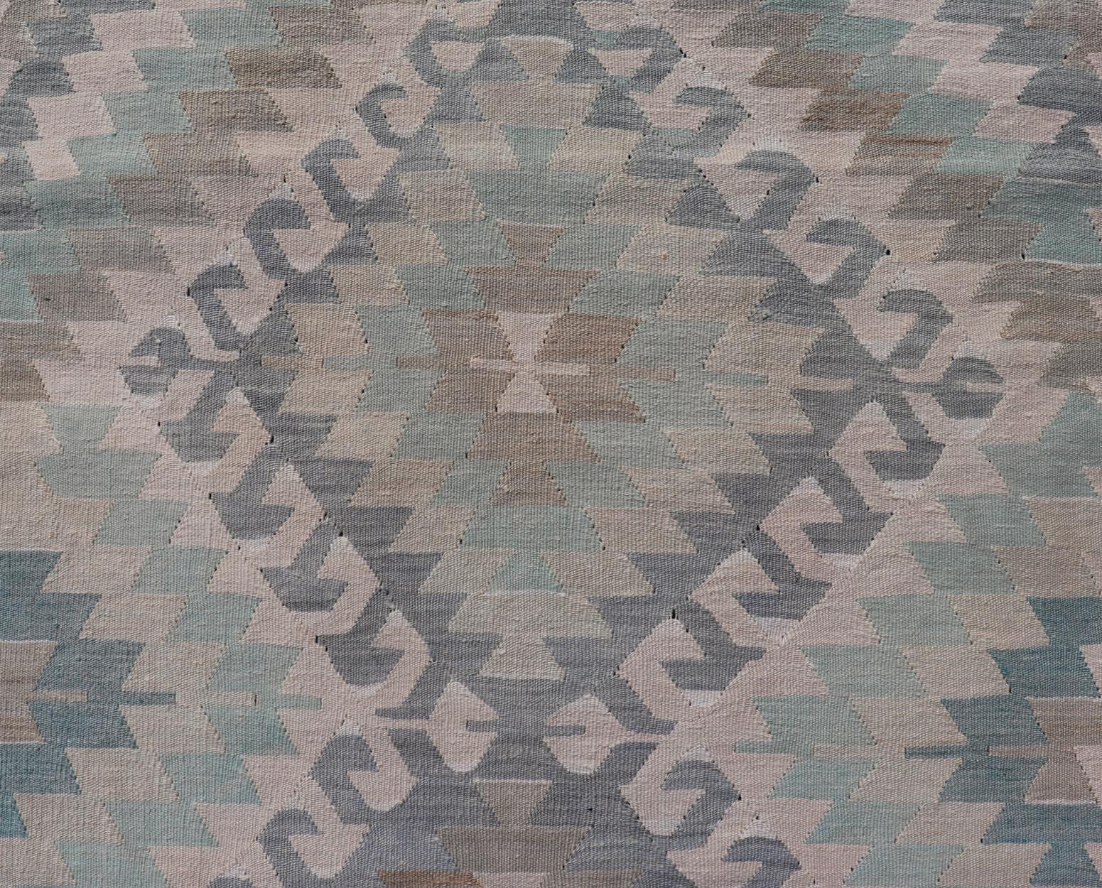 Geometric Design Vintage Turkish Tribal Flat-Weave Rug in Teal and Neutrals 1