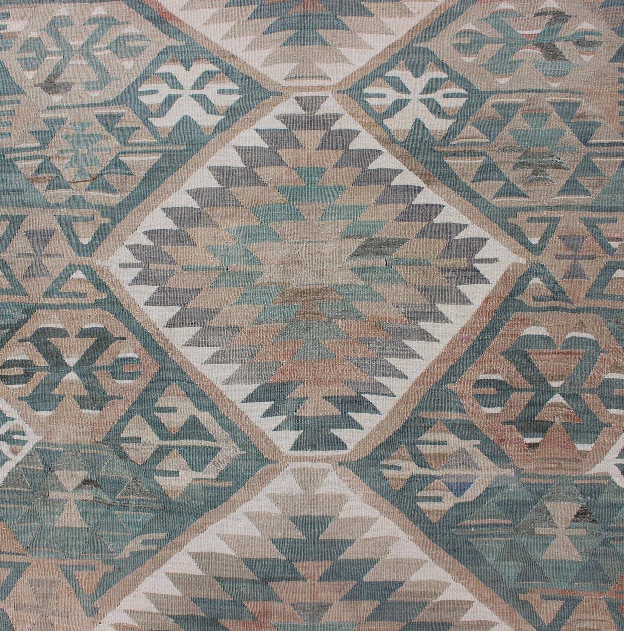 Geometric Design Vintage Turkish Tribal Flat-Weave Rug in Teal and Neutrals For Sale 2