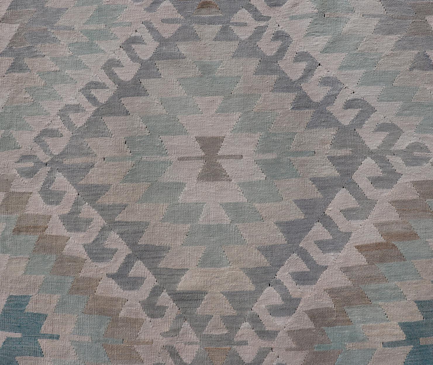 Geometric Design Vintage Turkish Tribal Flat-Weave Rug in Teal and Neutrals 2