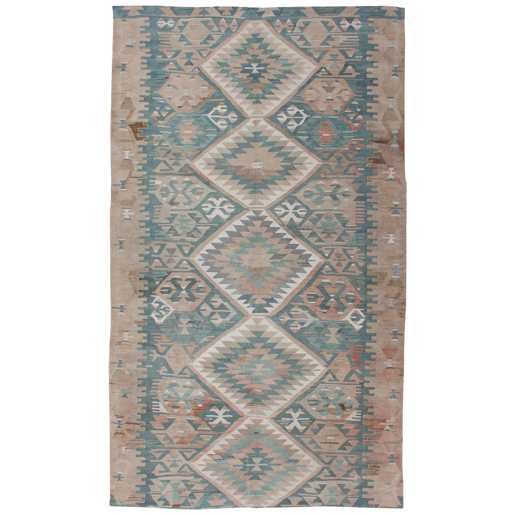 Geometric Design Vintage Turkish Tribal Flat-Weave Rug in Teal and Neutrals For Sale