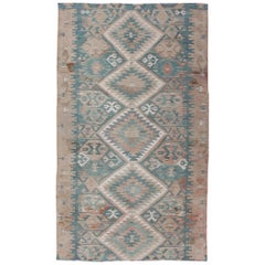 Tapis turc tribal à tissage plat à motif géométrique vintage en sarcelle et neutre