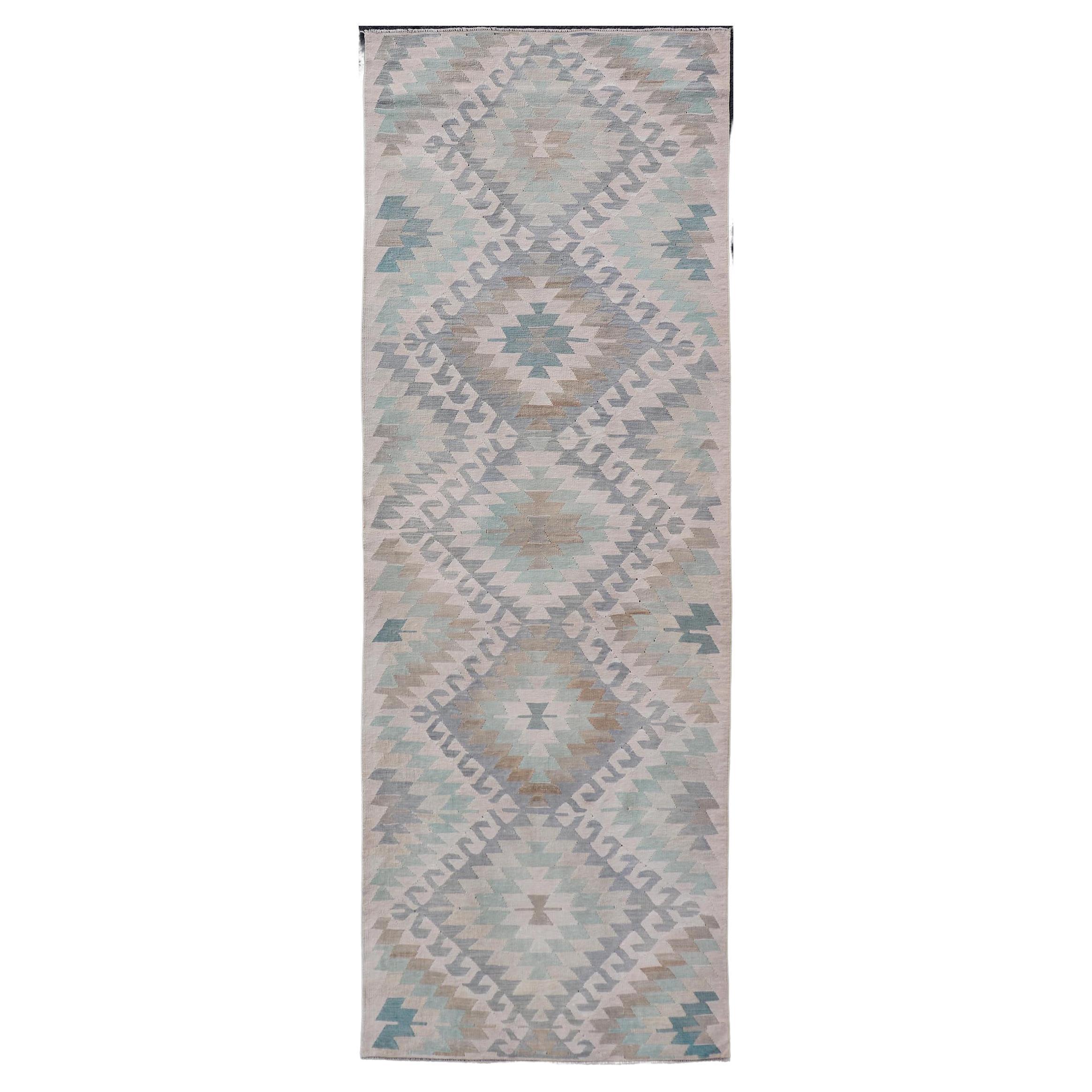 Geometric Design Vintage Turkish Tribal Flat-Weave Rug in Teal and Neutrals