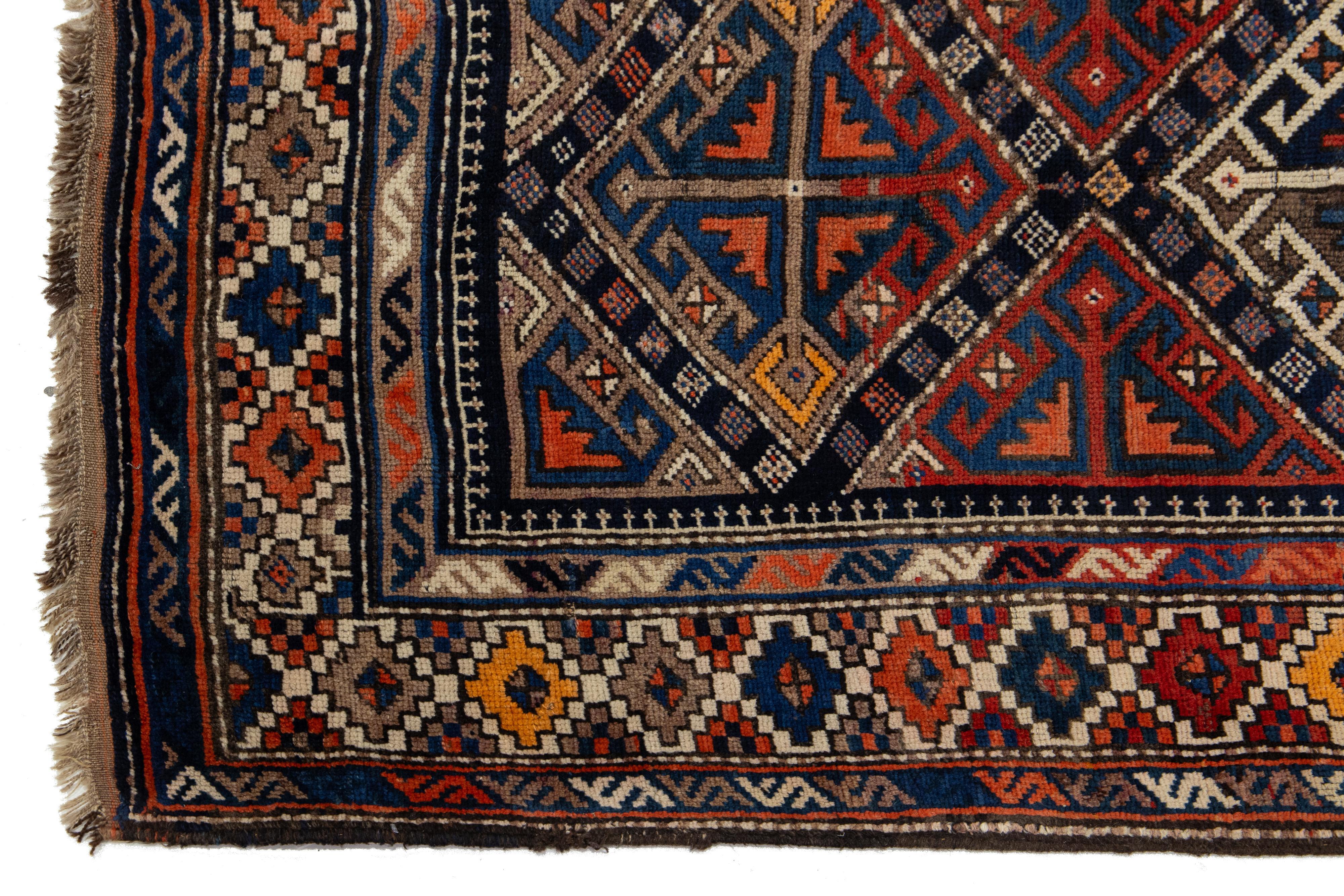 Runner in lana persiano Malayer antico dal design geometrico in blu in vendita 2